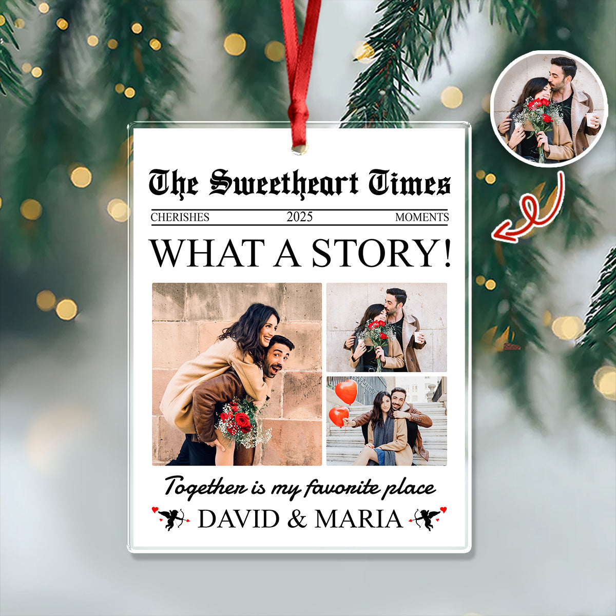 Custom Photo The Sweetheart Times - Personalized Acrylic Ornament - Christmas Gift For Couple