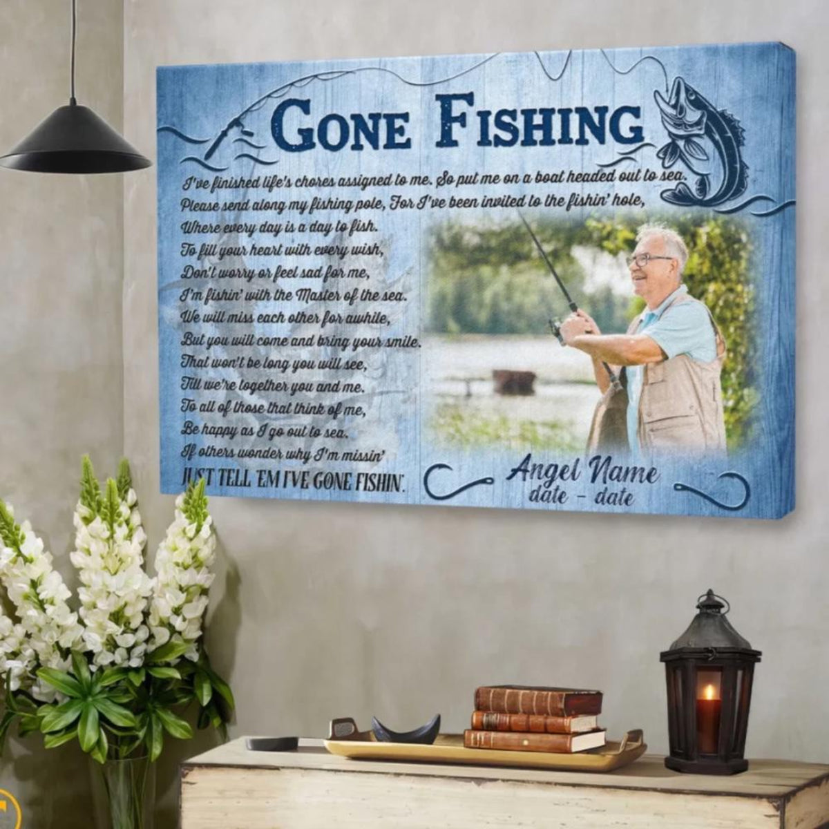 Memorial Gone Fishing - Personalized Canvas - Sympathy Gift for Family, Memorial Father Grandpa
