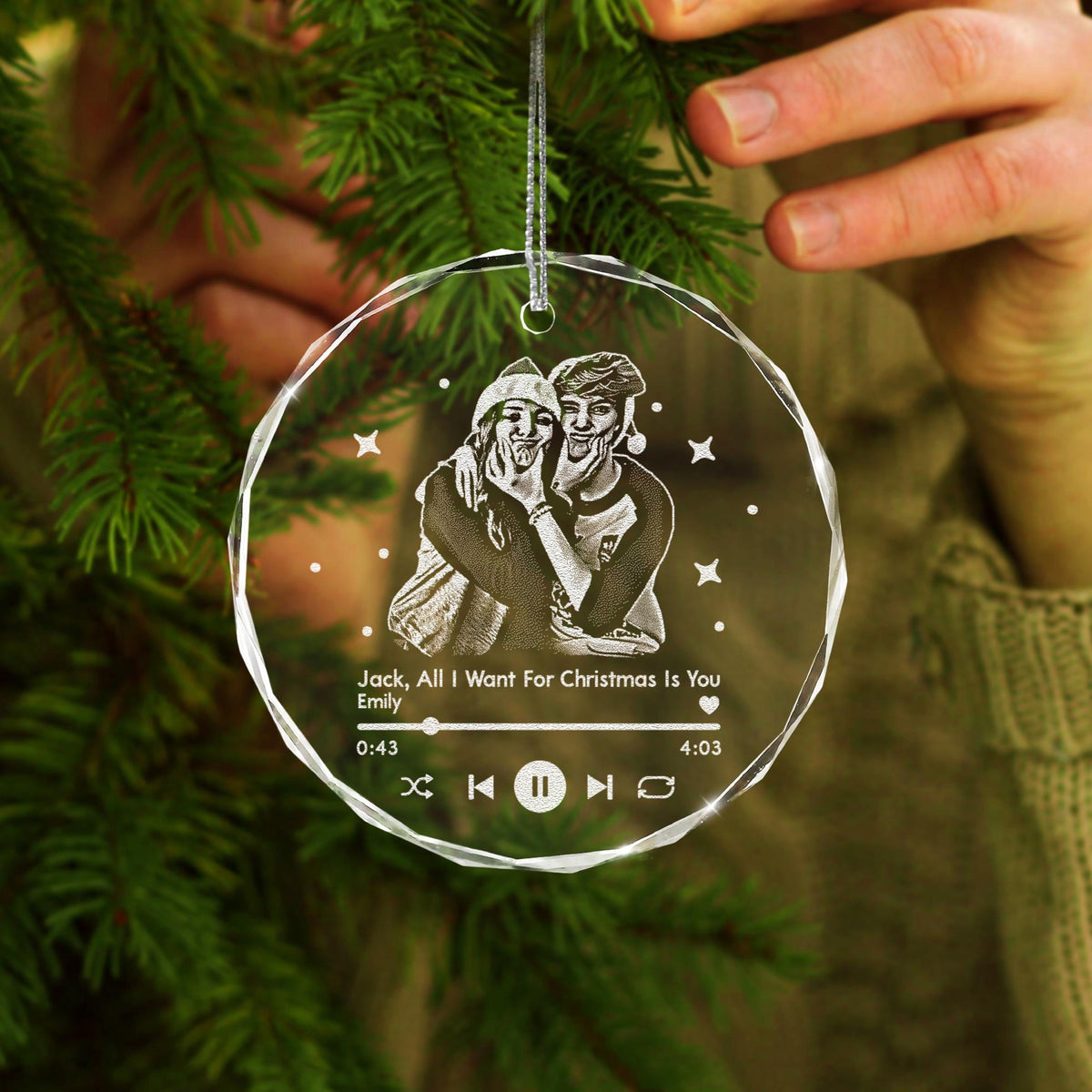 Personalized Anniversary Ornament with Portrait Photo, Custom Song Glass Ornament, Christmas Gifts for Couples