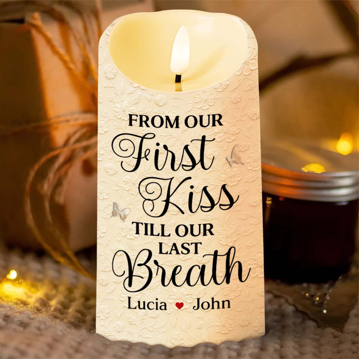 From Our First Kiss Till Our Last Breath With Roses and Wedding Imagery, Custom LED Candle, Gift For Couples