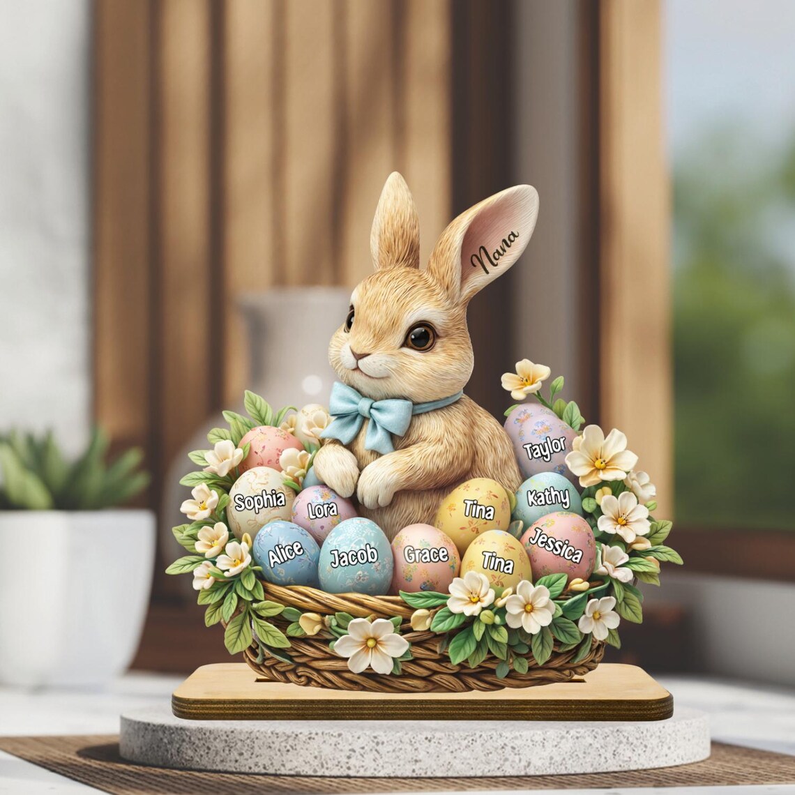 Custom Easter Bunny Wooden Plaque for Grandma, Personalized Egg Basket with Grandkids Names, Easter Gift for Family, Spring Easter Decor