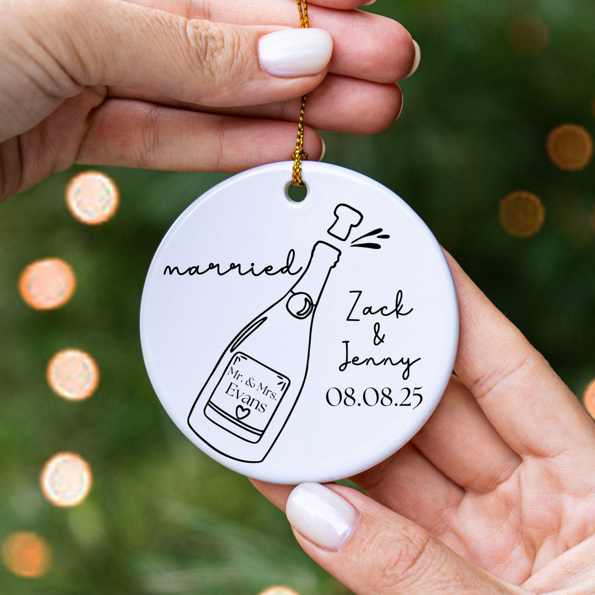 Married Ornament Personalized for Newlyweds Mr & Mrs, Ceramic Custom Just Married Ornament, Wedding Ornament, Champagne Wedding Celebration