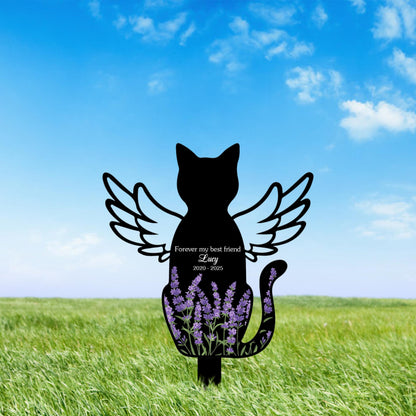 Personalized Cat Memorial Stake, Cat with Angel Wings Memorial Sign, Floral Cat Sign, Pet Loss Gift, Grave Marker, Pet Garden Sign