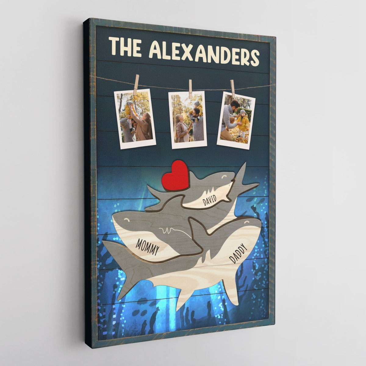 Shark Family Puzzle Style, Custom Family Name - Personalized Canvas - Gift For Dad, Father's Day, Birthday Gift