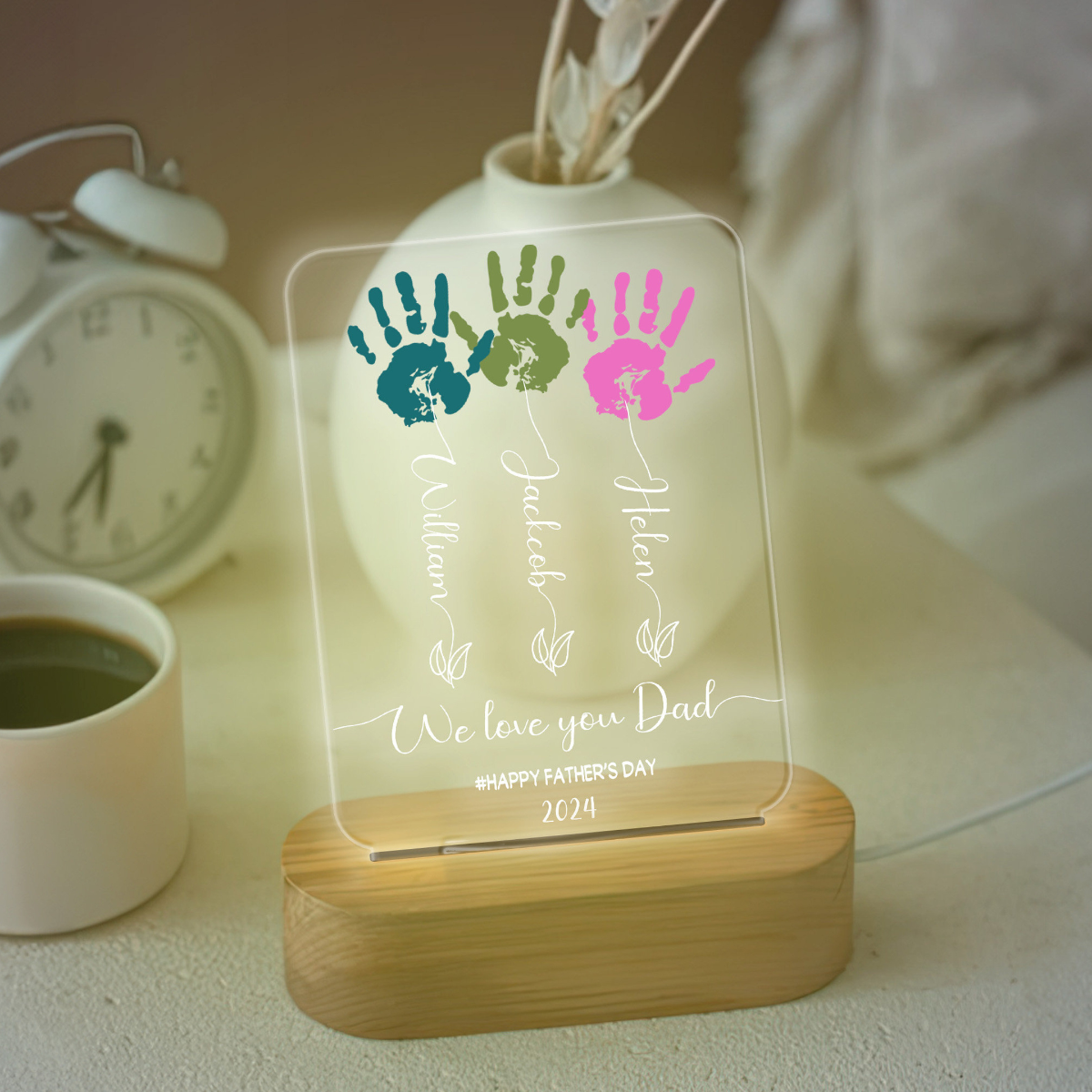 Father's Day Handprint Art Night Light, Flower Handprint Led Lamp, Gifts For Dad Lamp, Father's Day Gift