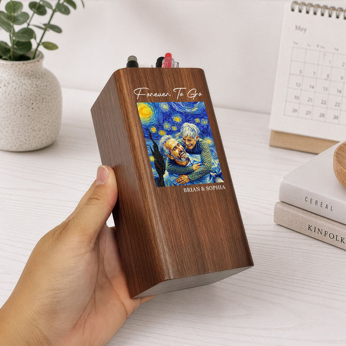 Personalized Photo Pen Holder Clock, Starry Night Custom Photo Wooden Desk Organizer with LED Digital Clock, Gift For Couple, Family
