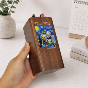 Personalized Photo Pen Holder Clock, Starry Night Custom Photo Wooden Desk Organizer with LED Digital Clock, Gift For Couple, Family