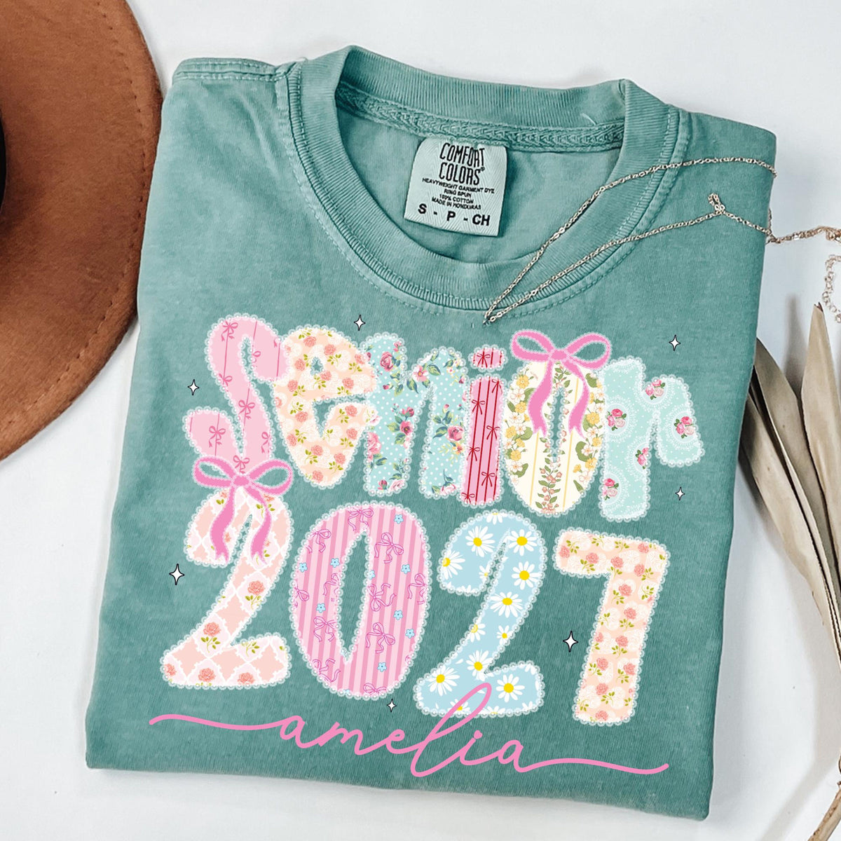 Comfort Colors Custom Senior 2027 T-Shirt, Personalized Graduate 2027 Shirt, High School Graduation Gift, Coquette Girly Senior, Lace Class of