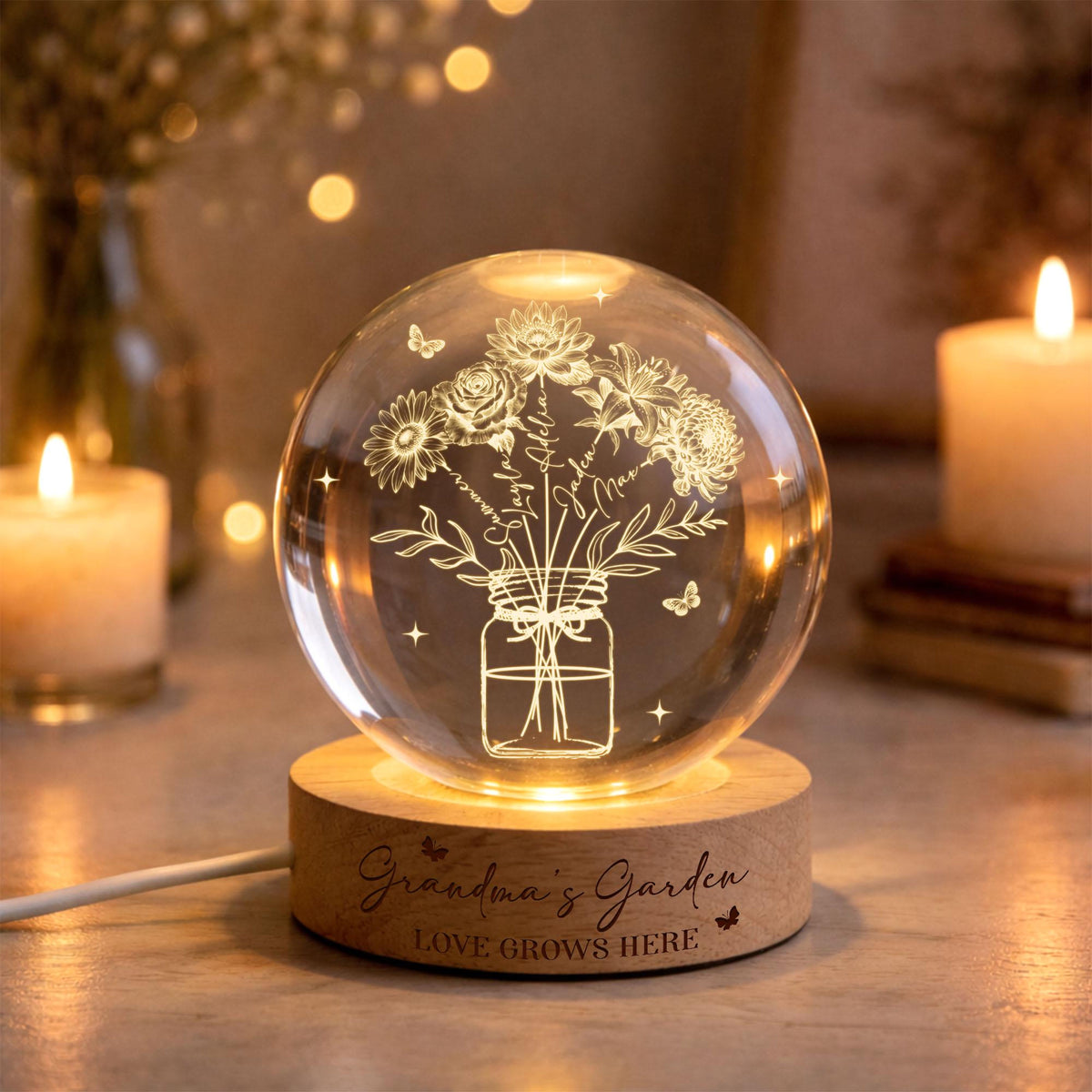 Personalized Grandma's Garden Crystal Ball Night Light, Birth Month Flower Lamp, Grandma Mother's Day Gift, Gift from Kids
