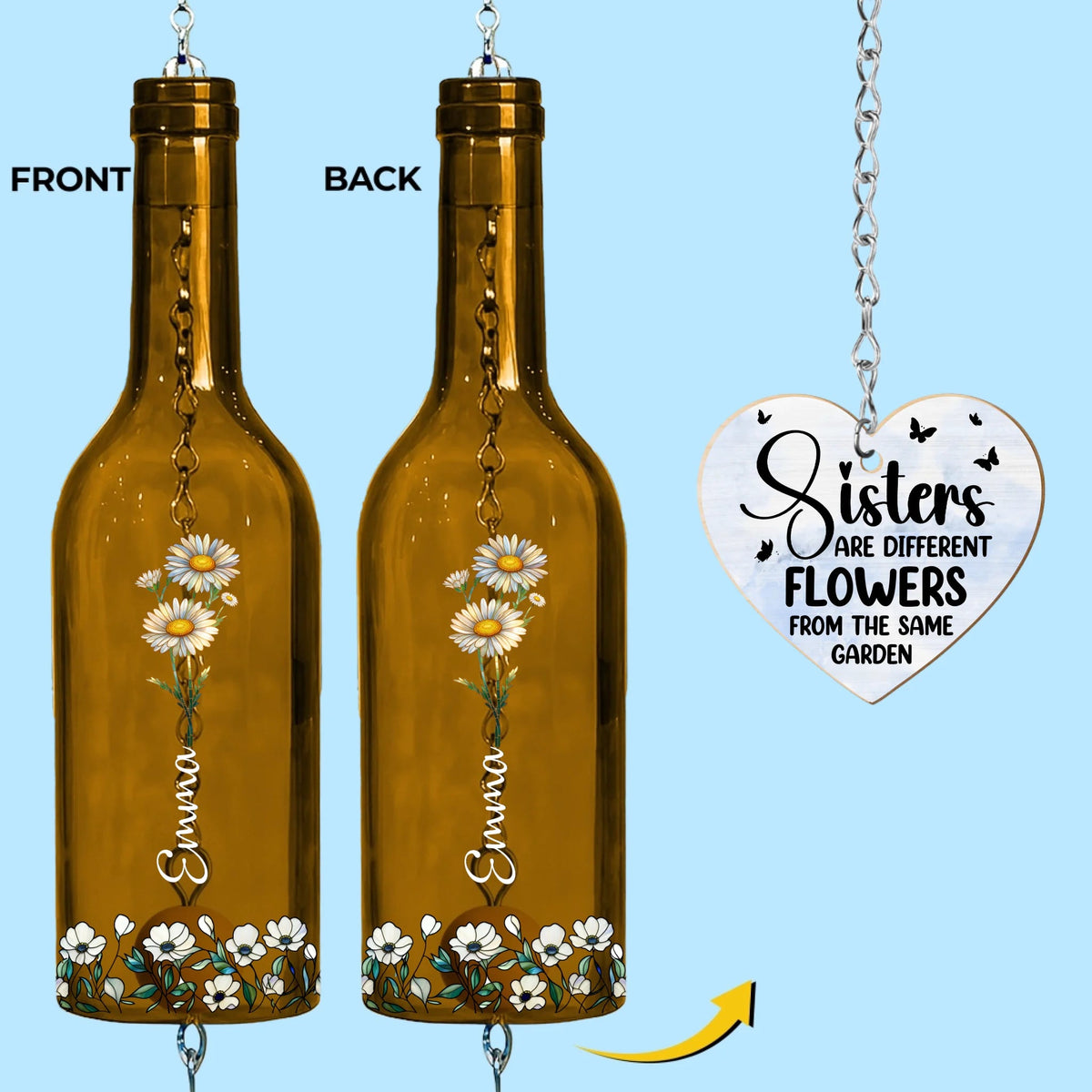Sisters Birth Month Flowers Bloom Together In Love - Personalized Wine Bottle Wind Chime - Gift For Sisters, Besties, Birthday Gift