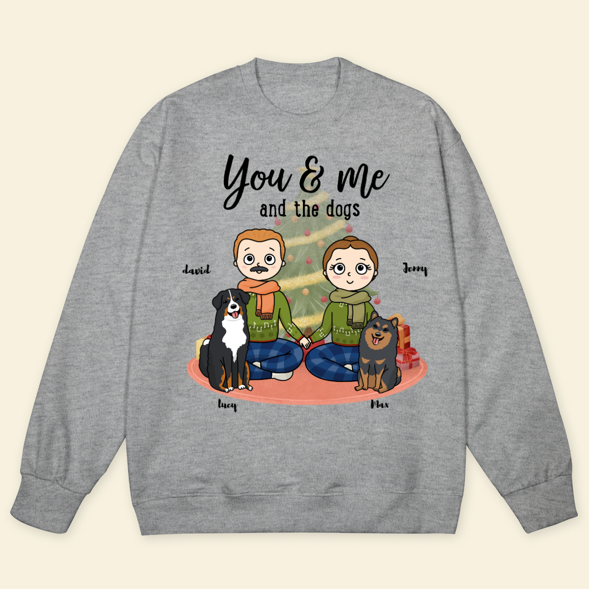 You, me & the dogs Christmas Tree Personalized Sweatshirt Christmas Gift For Dog Lovers Custom Dog Breed Dog Dad Dog Mom Winter Season Gift