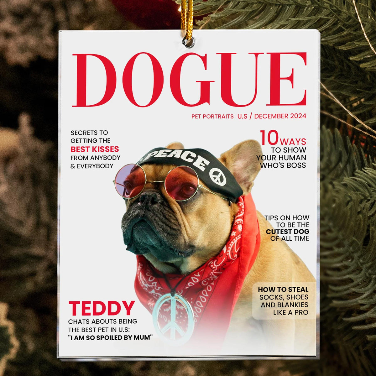 Personalized Pet Christmas Ornament, Custom Dogue Magazine Ornament, Personalized Dog Acrylic Photo Ornament, Pet Lovers, Christmas Gifts