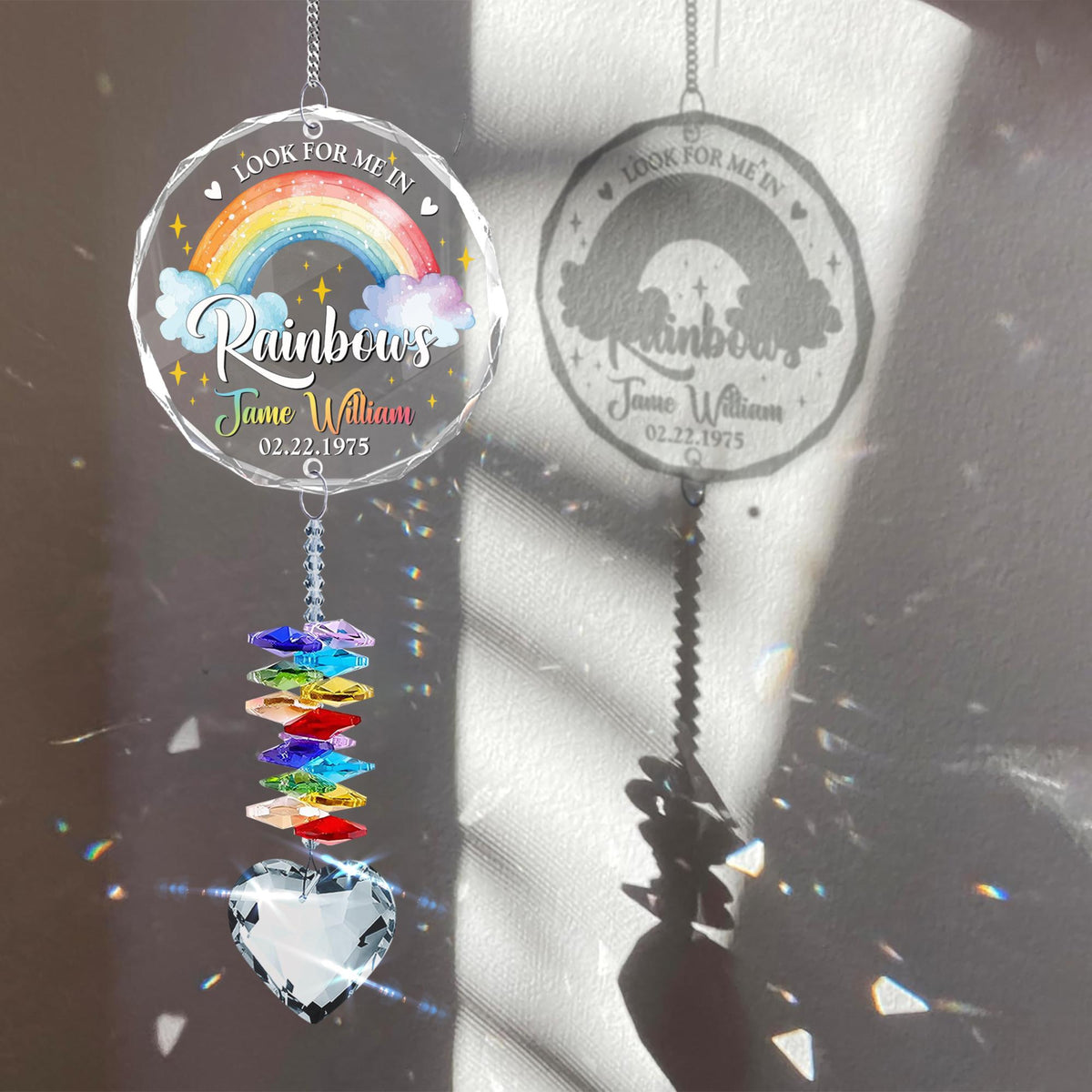 Look for me in Rainbows Personalized Memorial Ornament, Crystal Heart Ornament Sympathy gift, Memorial gift with name, Prism rainbow