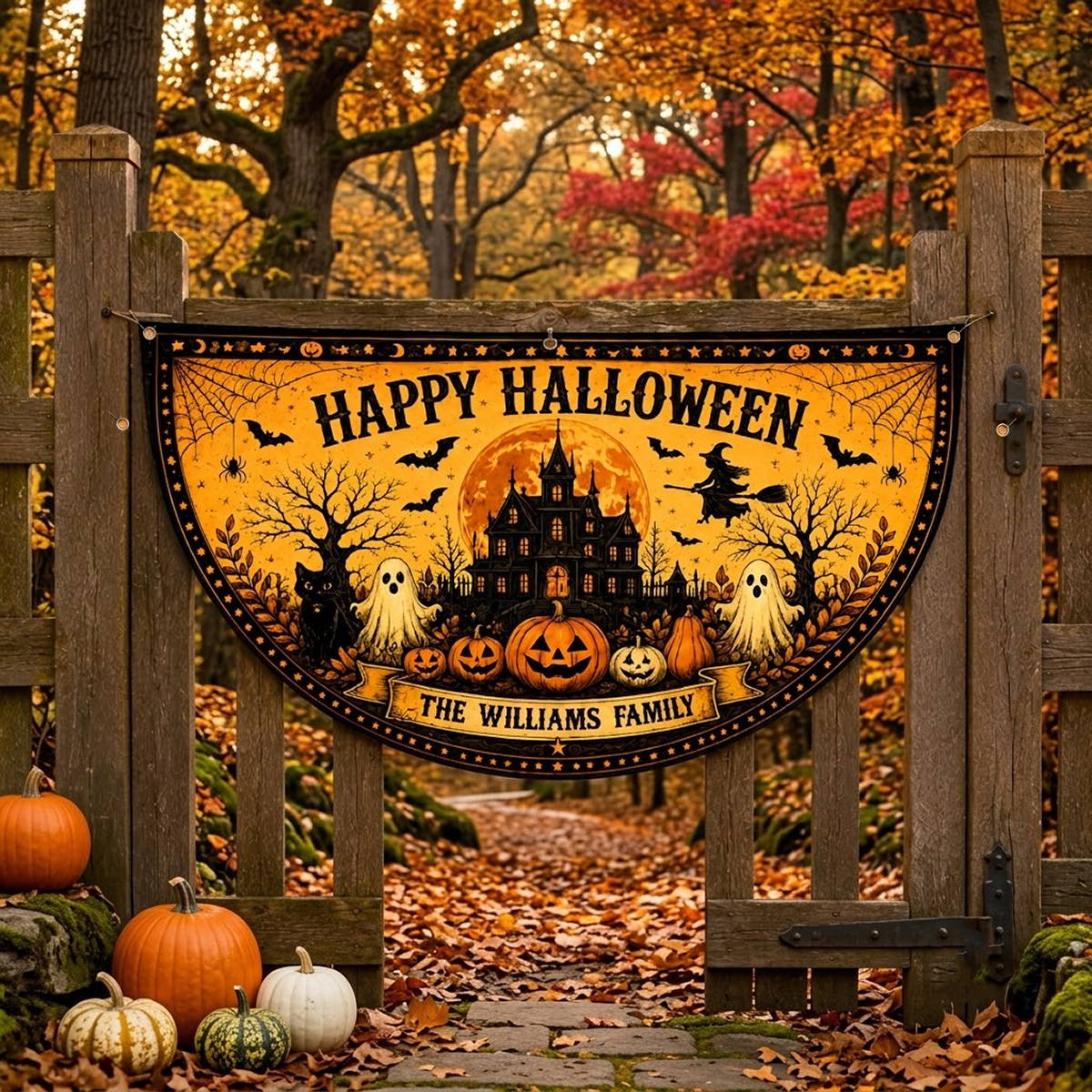 Personalized Happy Halloween Family Porch Banner Pumpkin Ghost Outdoor Fence Hanging - Spooky Haunted Mansion Personalized Porch Flag