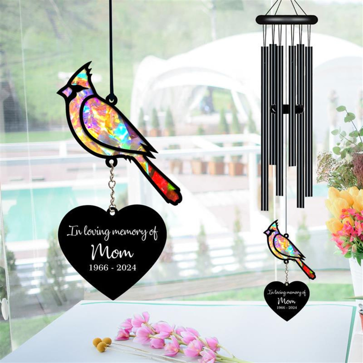 Personalized Memorial Wind Chime, Cardinal Wind Chime, Red Bird Suncatcher Wind Chime, In Loving Memory, Family Gift, Love Family