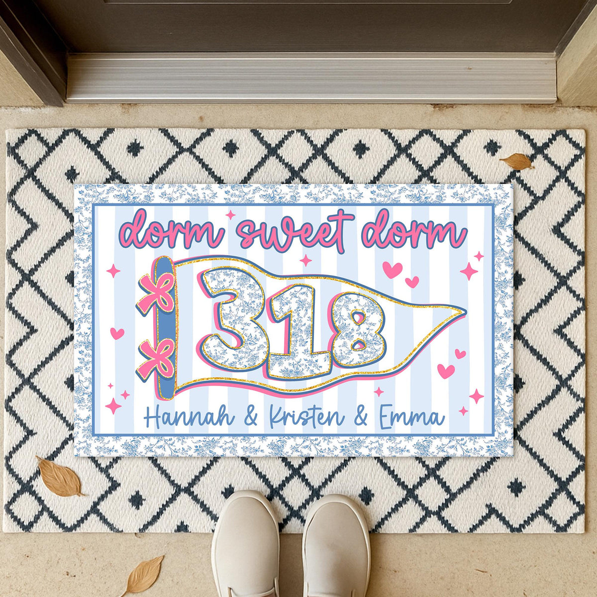 Personalized Blue Chinoiserie Dorm Doormat: Custom Stripe Roommate Names Welcome Mat, College Apartment Decor, Girls Dorm Decor