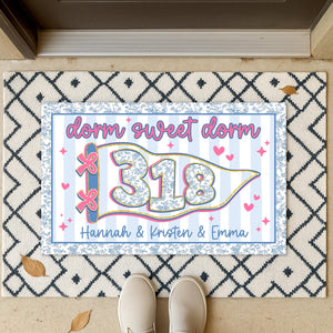 Personalized Blue Chinoiserie Dorm Doormat: Custom Stripe Roommate Names Welcome Mat, College Apartment Decor, Girls Dorm Decor
