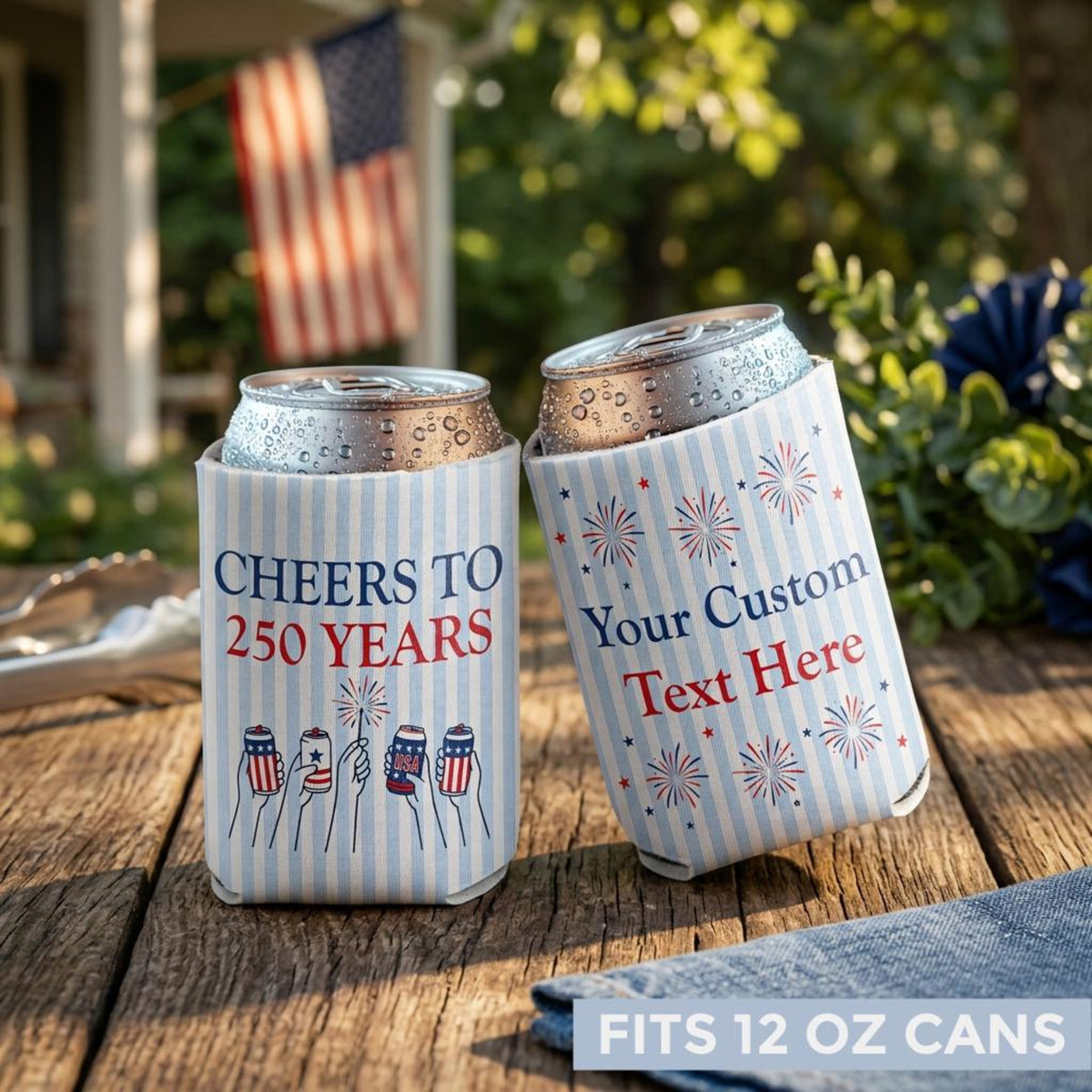 Custom Cheers to 250 Years Can Coolers, Personalized USA 250th Anniversary Drink Sleeves, 4th of July BBQ Party Favors