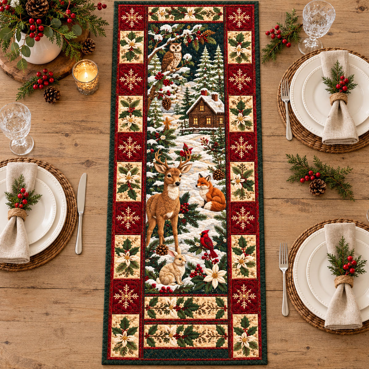 Christmas Quilted Table Runner, Holiday Winter Dining Table Decor