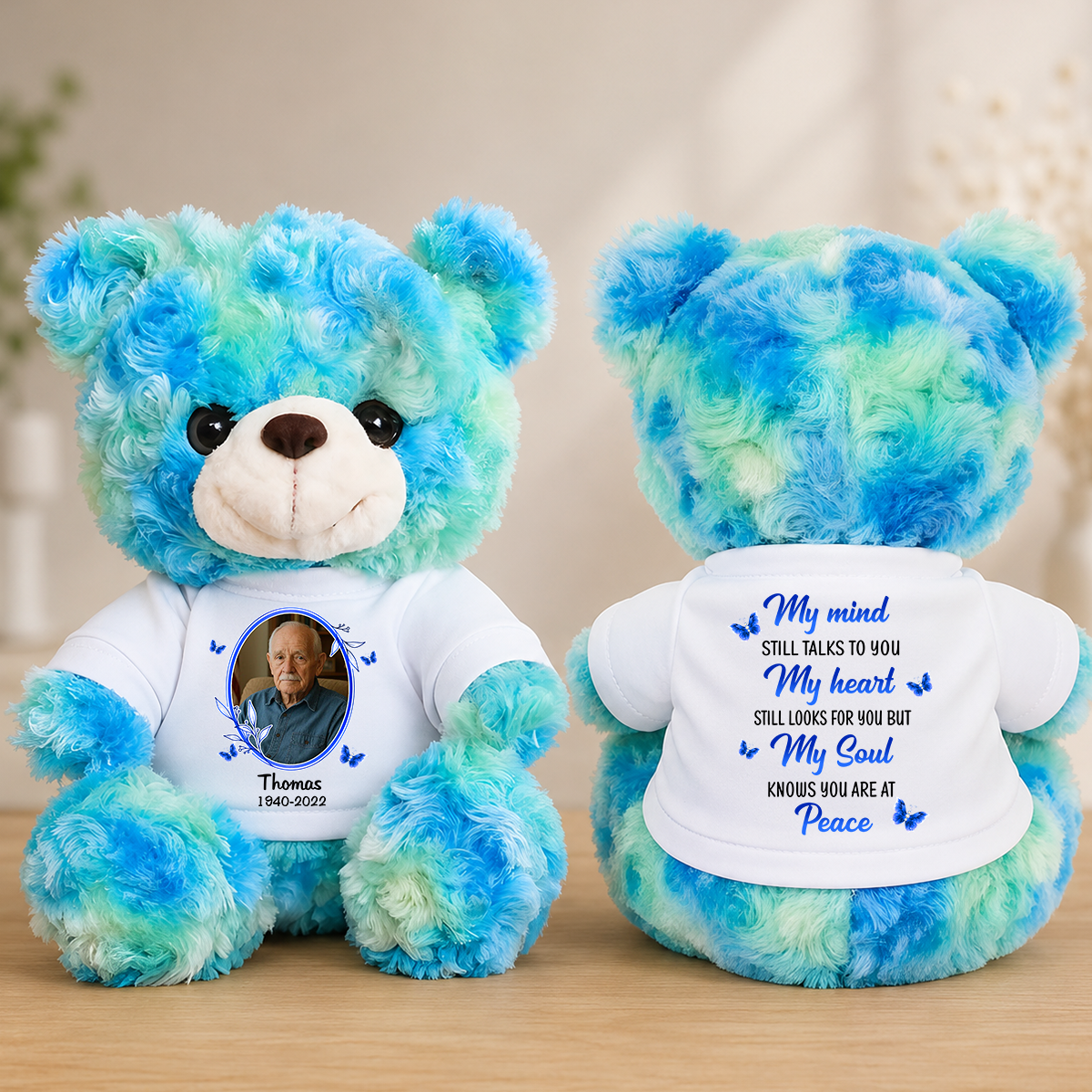 My Mind Still Talks To You Photo Butterflies Sympathy Remembrance - Personalized Memorial Teddy Bear