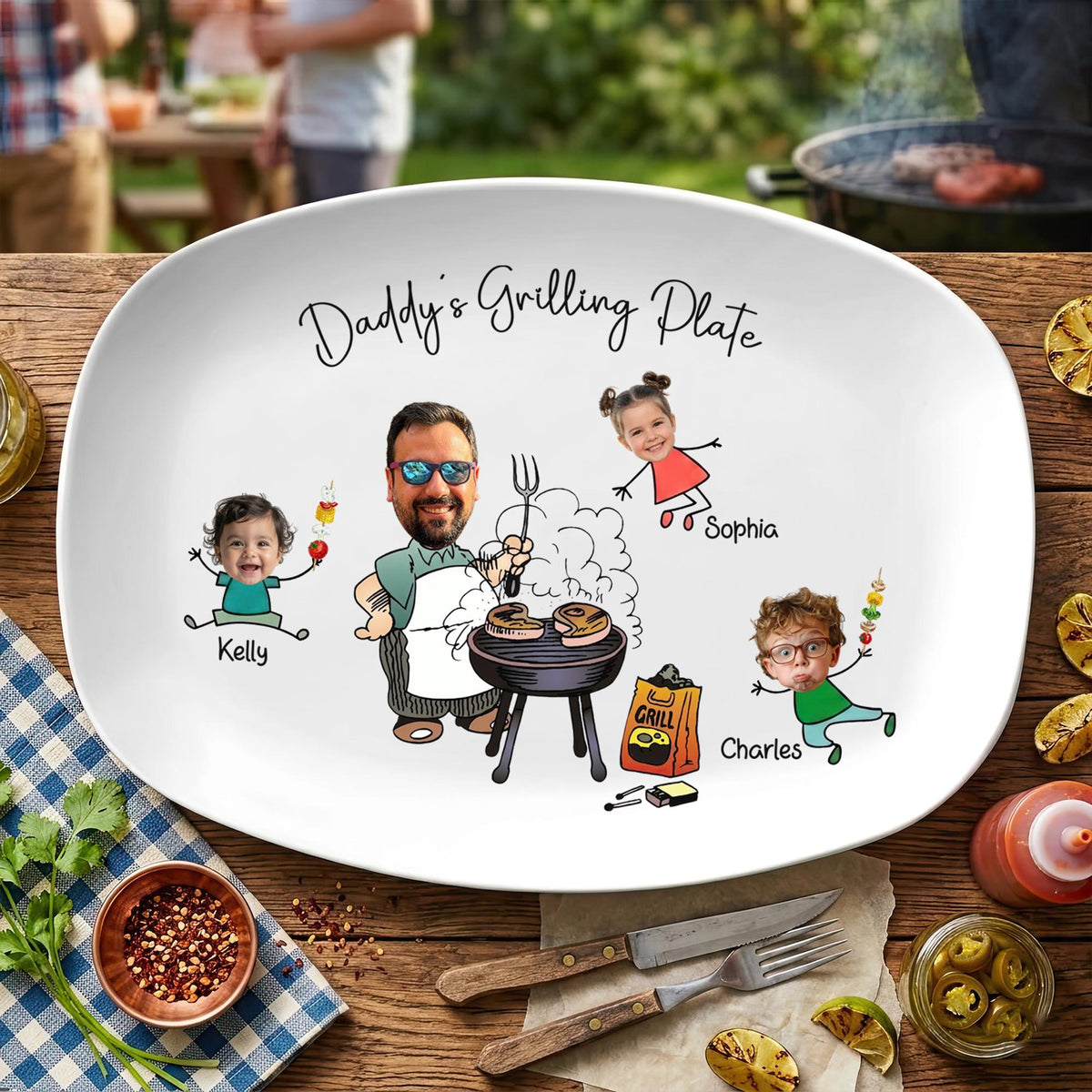 Personalized Grilling Platter with Kids Faces, Custom BBQ Plate for Dad Father s Day Gift, Grilling With Daddy Plate