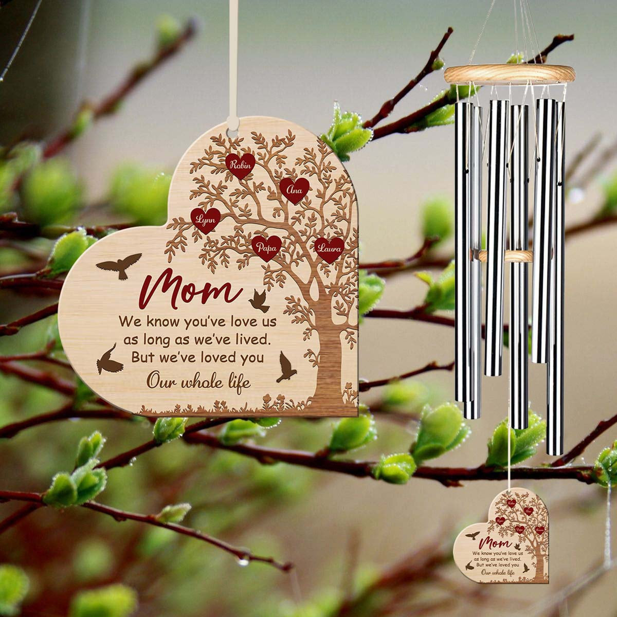 Personalized Mom Wind Chime, Custom Kid Name Sign, Heart Keepsake, Wood Wind Chime, Gift for Grandma, Mother's Day Gift, Home Decor