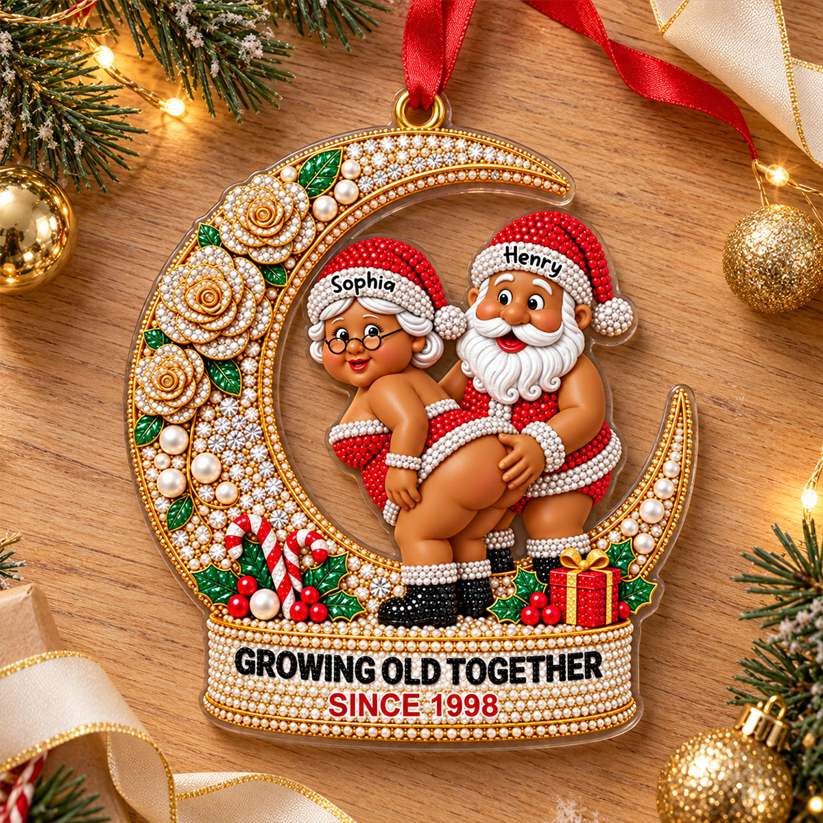 [3D Printing Effect] Personalised Christmas Ornaments - Santa Couple Crescent Moon Acrylic Ornament