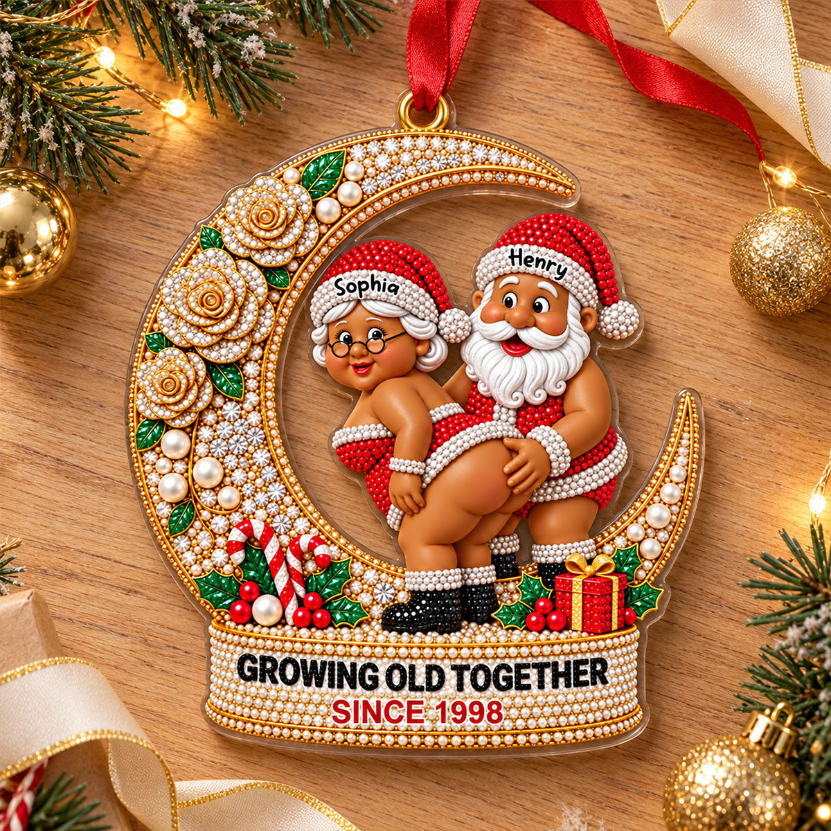 [3D Printing Effect] Personalised Christmas Ornaments - Santa Couple Crescent Moon Acrylic Ornament