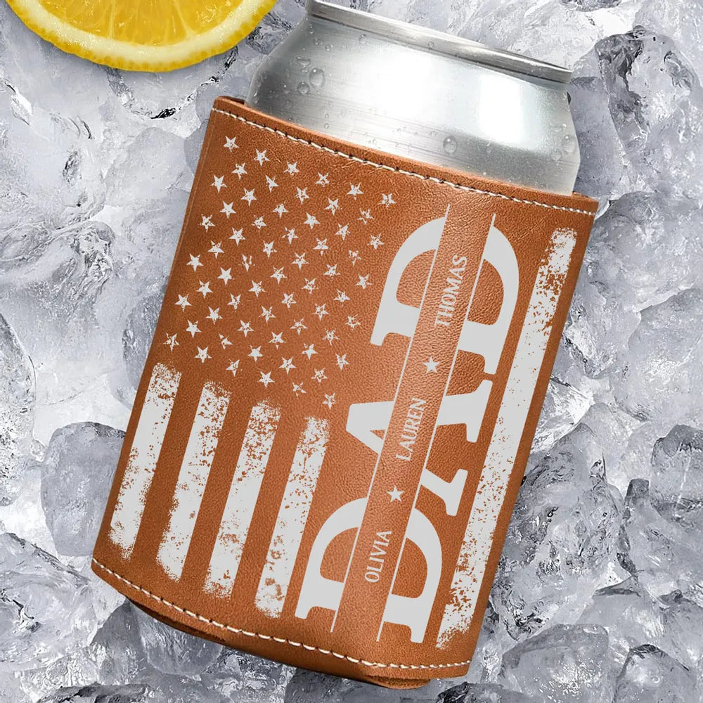 Best American Dad - Personalized Leather Can Cooler - Gift For Dad, Grandfather, Father's Day Gift