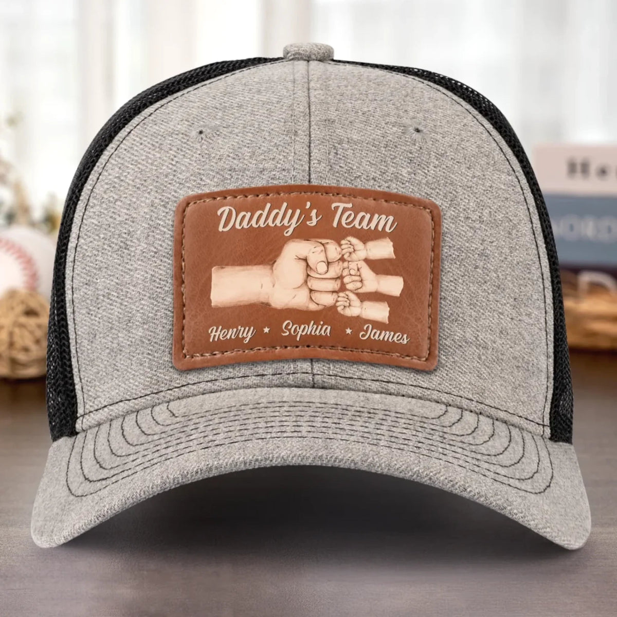 Daddy's Team Is Unbreakable - Personalized Leather Label Net Hat - Gift For Dad, Father's Day