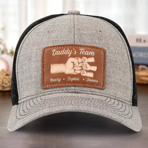 Daddy's Team Is Unbreakable - Personalized Leather Label Net Hat - Gift For Dad, Father's Day