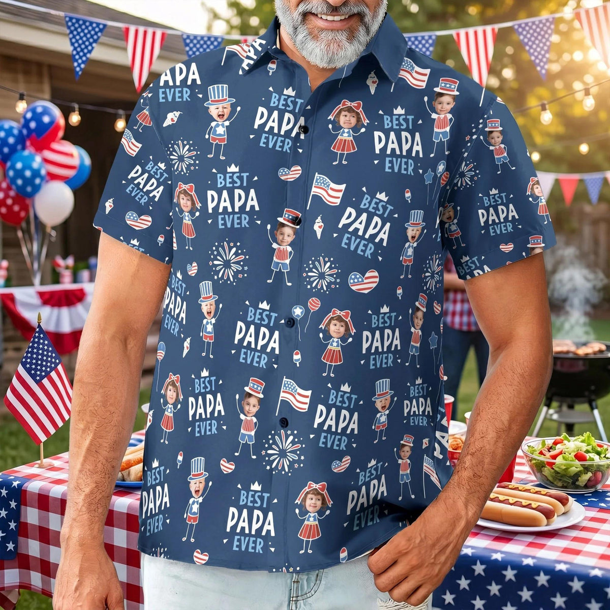 Personalized Funny Kid Potrait Photo Hawaiian Shirt, Best Dad Ever USA Flag America Shirt, Father's Day Gift For Dad, Husband Fourth of July