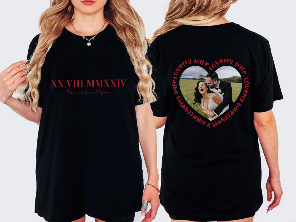 Valentine Heart Custom Text Shirt, Personalized Roman Numeral Date, Name & Picture Gift for Couple, Anniversary