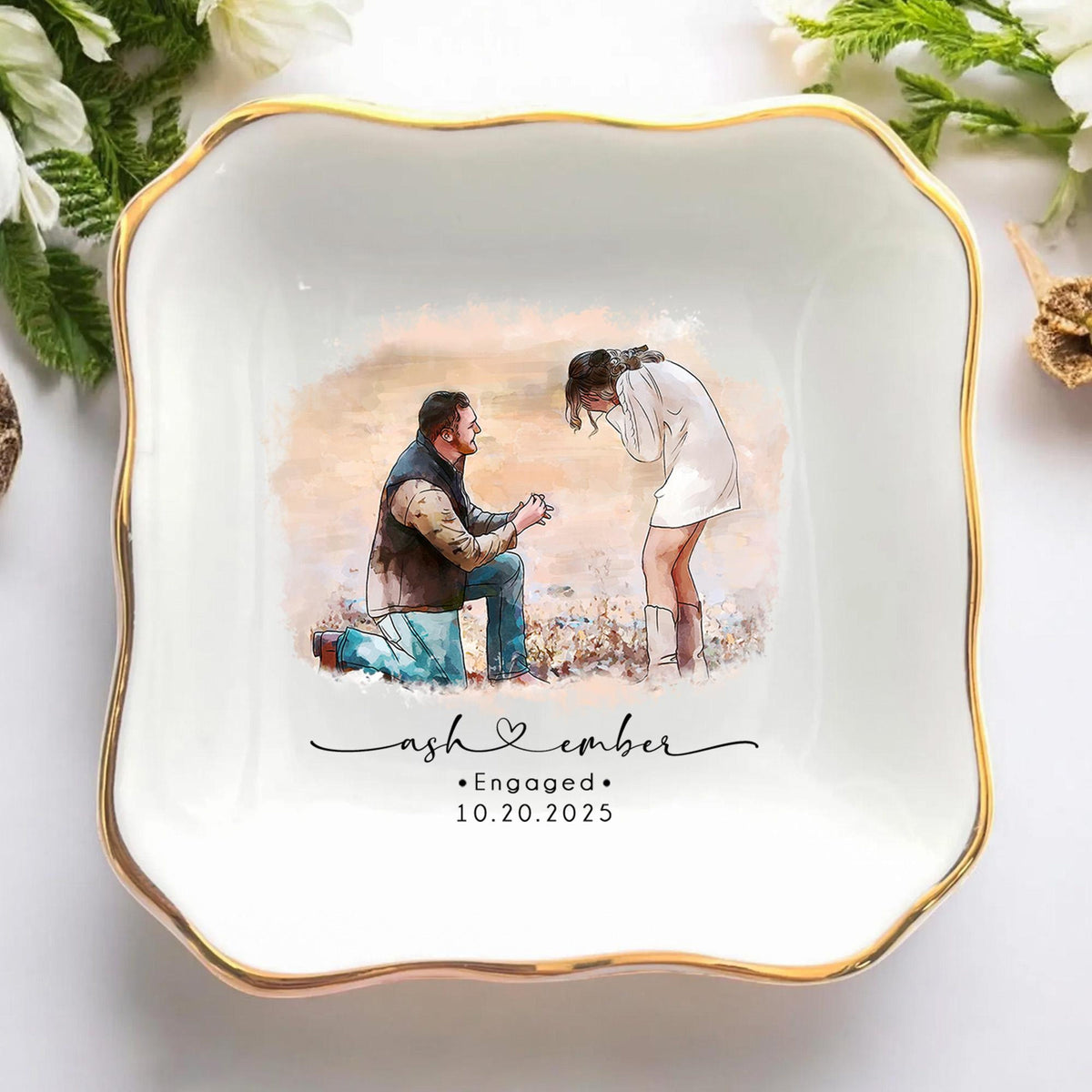 Custom Couple Portrait Ring Dish, Engagement Gift, Engaged Jewelry Tray, Handmade Personalized Couple Photo Ring Holder, Engagement Keepsake