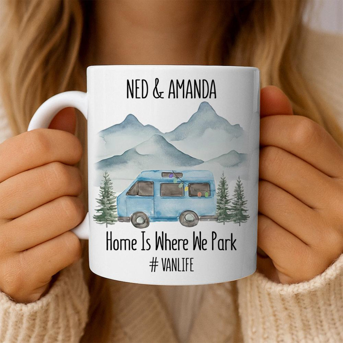 Personalized Happy Camper Mugs, Couple Camping Mugs, Van Life Mugs, Custom Names Couple Mugs, His And Hers, Home Is Where We Park Retro Van