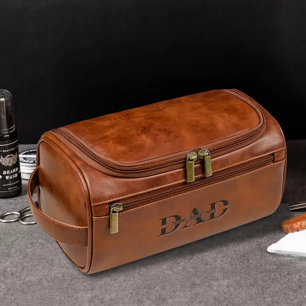 Custom Dad & Kids Name - Personalized Leather Toiletry Bag - Gift For Dad, Grandpa, Father's Day Gift