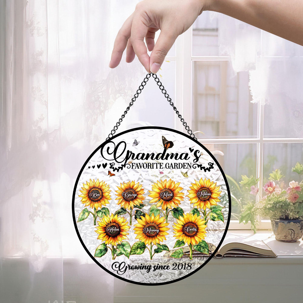 Grandma's Favorite Sunflowers - Personalized Stained Glass Suncatcher - Gift For Grandma, Mother's Day Gift