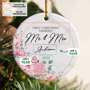 First Christmas Married Pink Flowers Wreath - Personalized Ornament - Christmas Gift