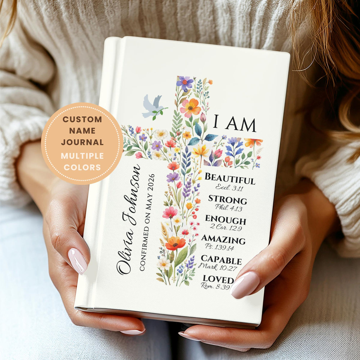 Personalized Confirmation Gift for Teens, Floral Cross Journal with Custom Name, First Communion Keepsake for Girls, Baptism Journal