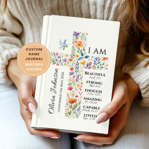 Personalized Confirmation Gift for Teens, Floral Cross Journal with Custom Name, First Communion Keepsake for Girls, Baptism Journal