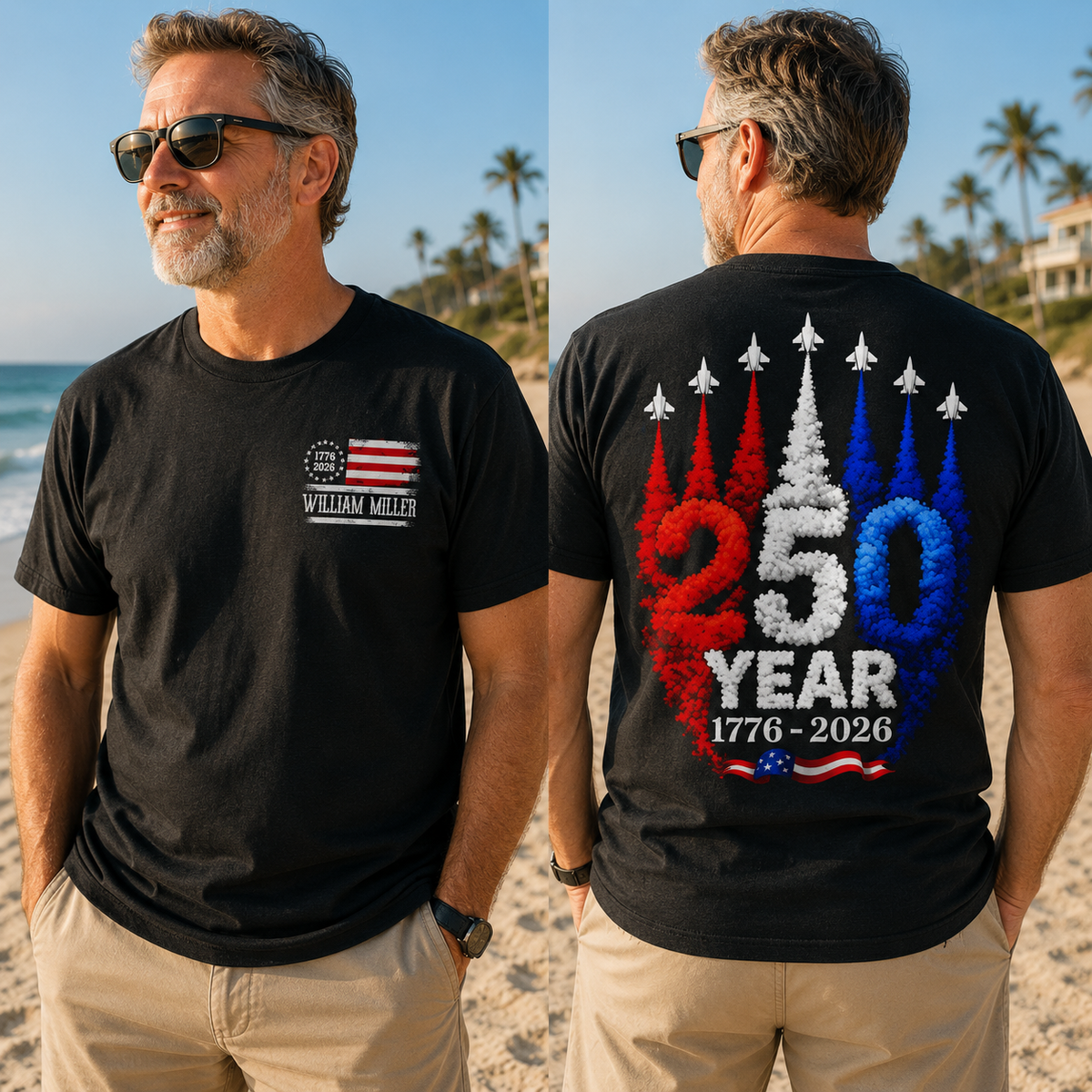 250 Years American Flag Red White Blue Jet Smoke Custom Name - Personalized Shirt - United States 250th Anniversary USA Patriotic