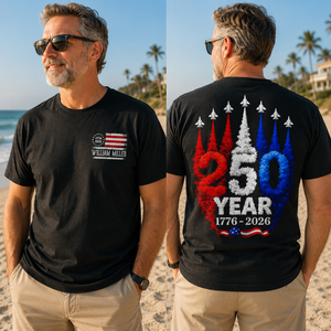 250 Years American Flag Red White Blue Jet Smoke Custom Name - Personalized Shirt - United States 250th Anniversary USA Patriotic