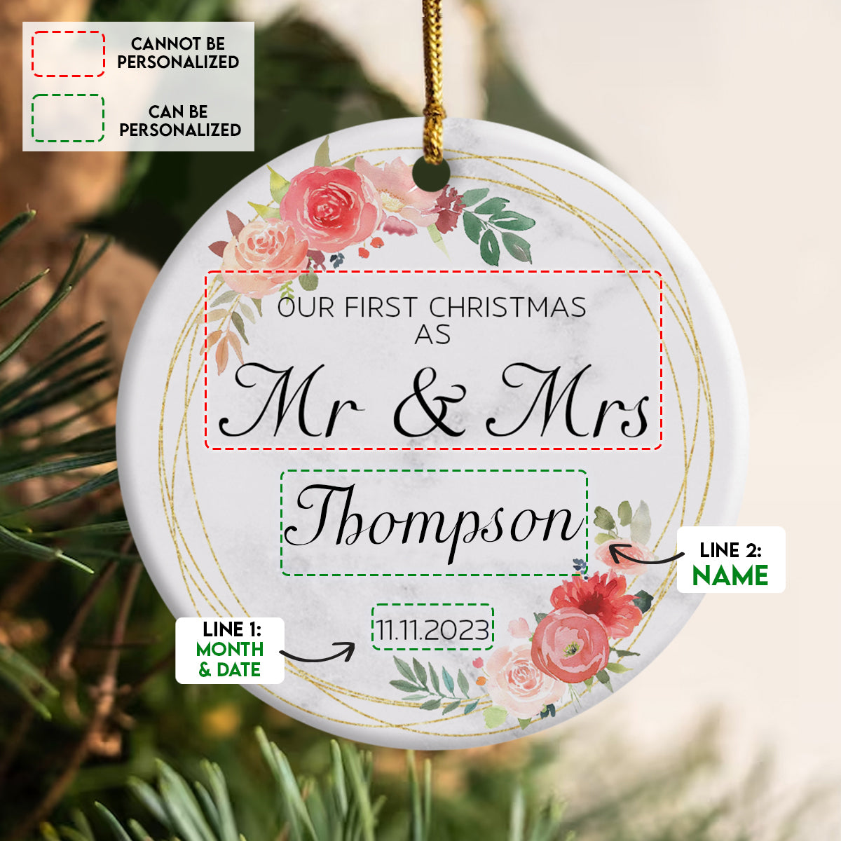 Our 1st Christmas As Mr. & Mrs. Golden Wreath Pink Roses - Personalized Ornament - Christmas Gift