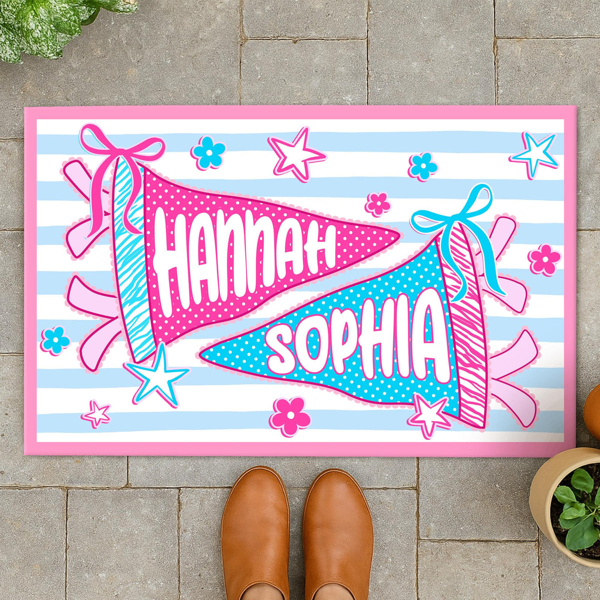 Personalized Pennant Name Dorm Welcome Mat: Preppy Bow Dorm Decor For College Girl, Best Roommate Gift, Stripped Apartment Decor For Bestie