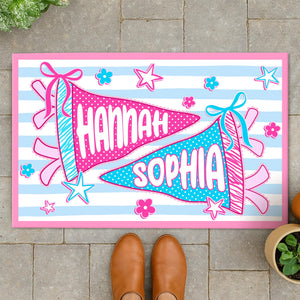 Personalized Pennant Name Dorm Welcome Mat: Preppy Bow Dorm Decor For College Girl, Best Roommate Gift, Stripped Apartment Decor For Bestie
