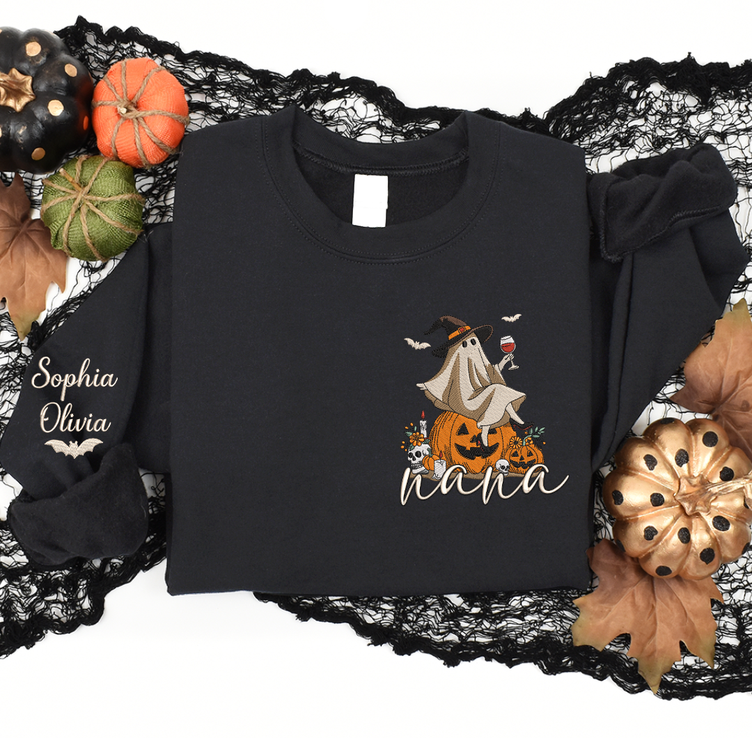 Embroidery Halloween Ghost Wine Witch Hat Pumpkin Fall Gift Grandma And Kids