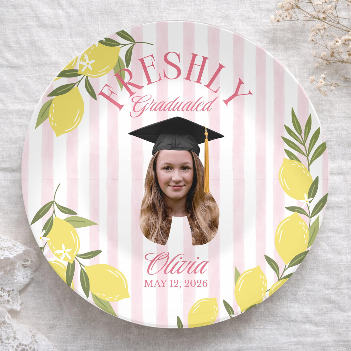 Lemon Themed Graduation Party, Custom Photo Plate, Freshly Graduated, Welcome Sign Custom Citrus Grad Party Plate, Pastel Pink Lemon Table Decor