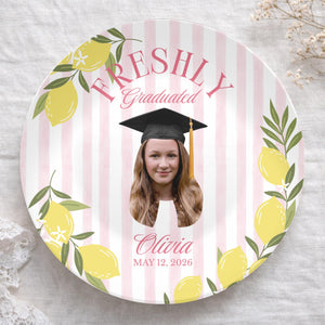 Lemon Themed Graduation Party, Custom Photo Plate, Freshly Graduated, Welcome Sign Custom Citrus Grad Party Plate, Pastel Pink Lemon Table Decor