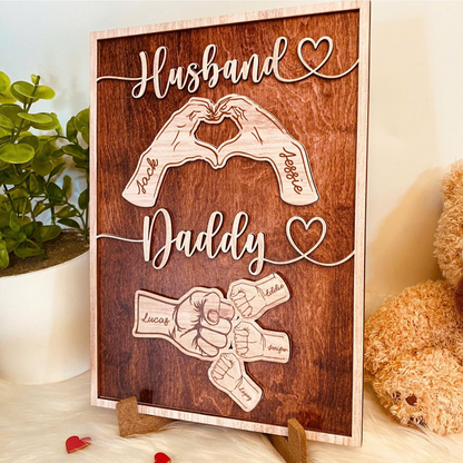 Personalized Dad Wooden Sign, Custom Kid's Name Wooden Sign, Fist Bump Husband Wood Sign, Father's Day 2025 Gift For Dad