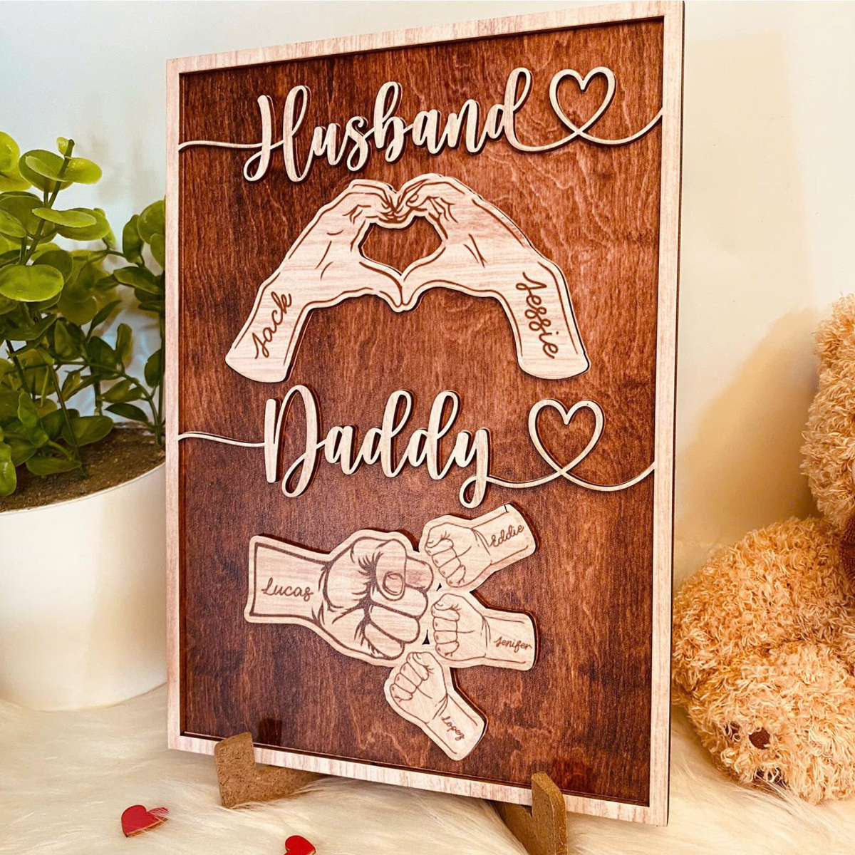 Personalized Dad Wooden Sign, Custom Kid's Name Wooden Sign, Fist Bump Husband Wood Sign, Father's Day 2025 Gift For Dad